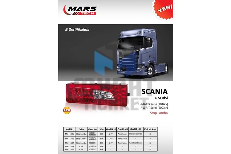 MARS 611345 STOP LAMBA SCANIA 6 SERİSİ SOL PLAKA LAMBALI E BELGELİ LEDLİ